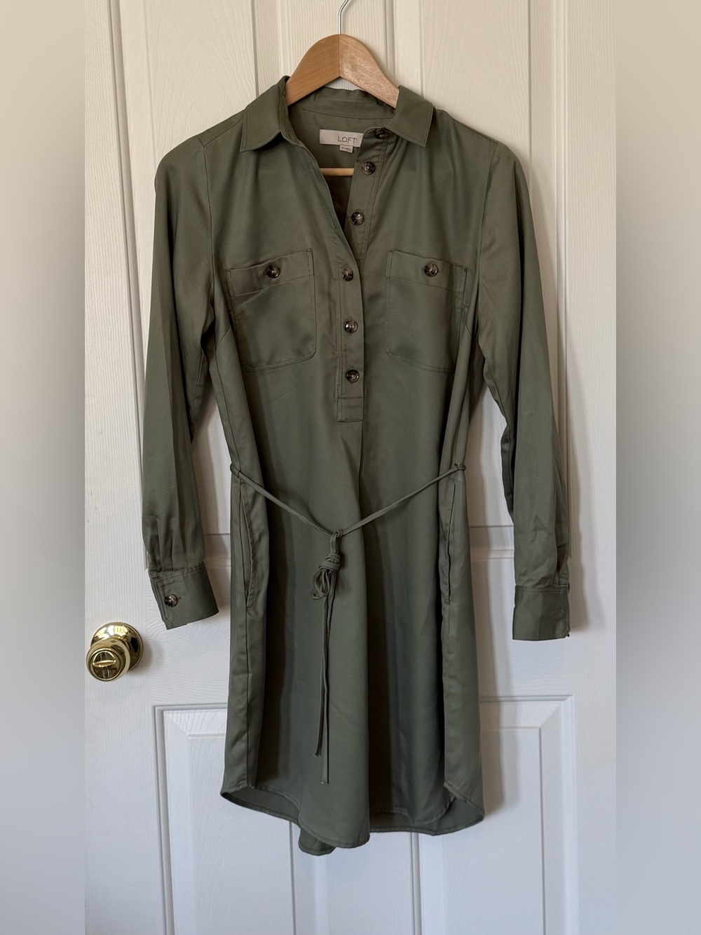 LOFT Olive Green Shirt-Style Trench Dress with Tie Waist